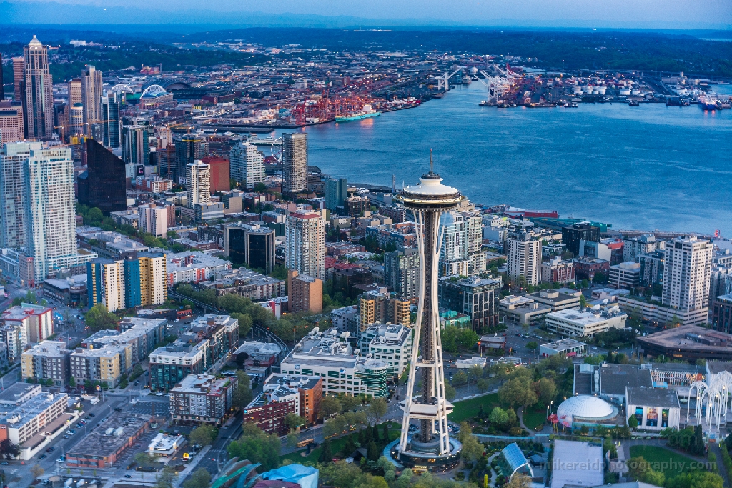 Aerial Wide Space Needle and Elliott Bay